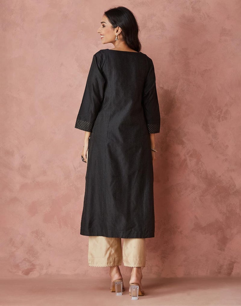 Black Cotton Silk Blend Regular Fit Long Kurta