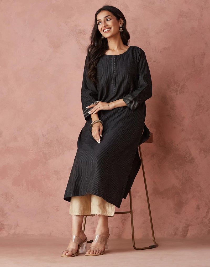 Black Cotton Silk Blend Regular Fit Long Kurta