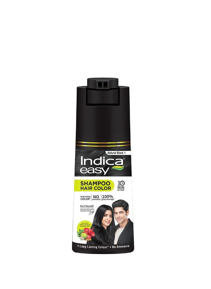 Indica Easy Do-It-Yourself Hair Color Shampoo Pump Pack with 5 Herbal Extracts and 100% Ammonia Free, Long Lasting Formula, 180 ML - Natural Black Colour (Gloves Included)