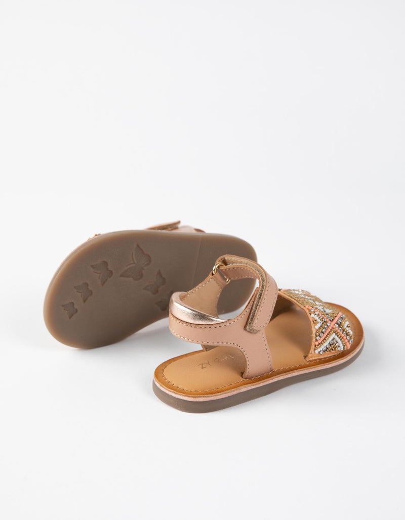 Leather Sandals with Beads for Baby Girls, Beige