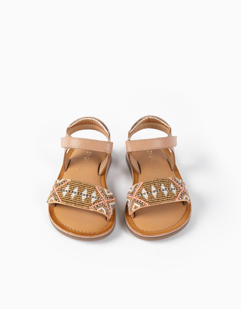 Leather Sandals with Beads for Baby Girls, Beige