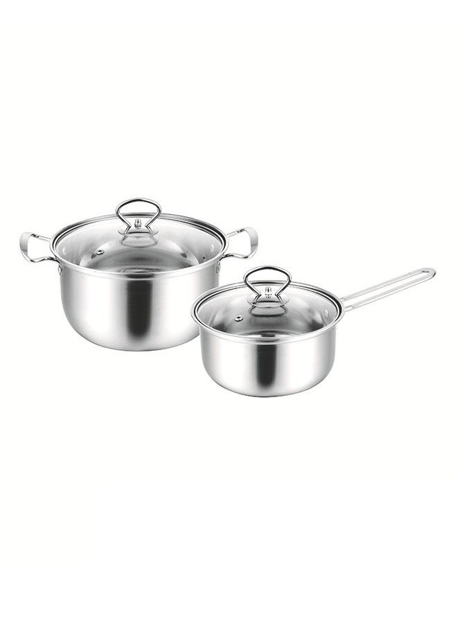 Set of 4 Cookware Set Stainless Steel Soup Pots and Single Hand Milk pot with Tempered Glass Lid