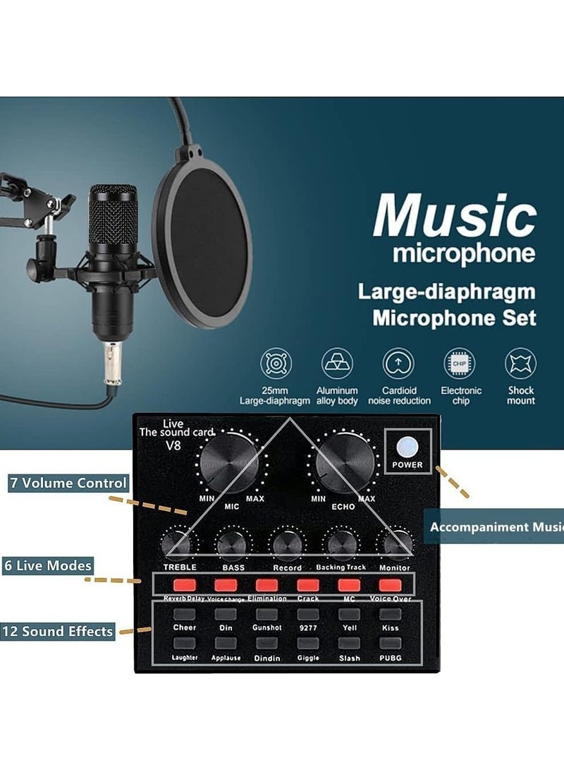 Podcast Equipment Bundle, with BM800 Podcast Microphone and V8 Sound Card, Voice Changer - Audio Interface -Perfect for Recording, Singing, Streaming and Gaming (BLACK)