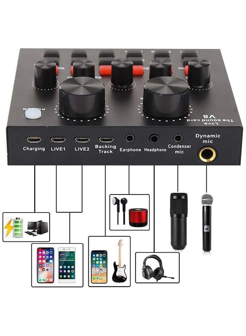 Podcast Equipment Bundle, with BM800 Podcast Microphone and V8 Sound Card, Voice Changer - Audio Interface -Perfect for Recording, Singing, Streaming and Gaming (BLACK)