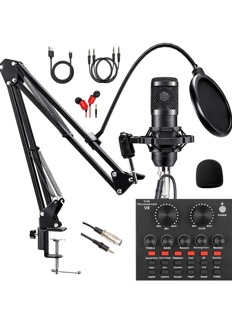 Podcast Equipment Bundle, with BM800 Podcast Microphone and V8 Sound Card, Voice Changer - Audio Interface -Perfect for Recording, Singing, Streaming and Gaming (BLACK)