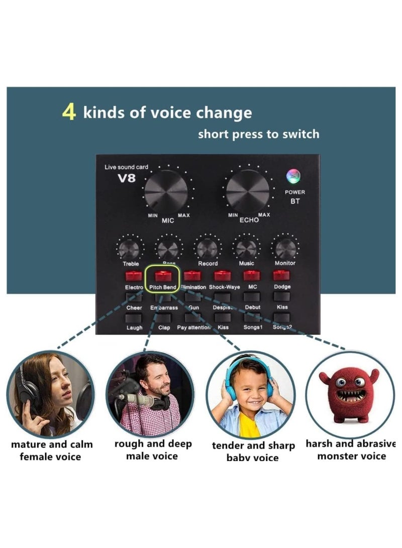 Podcast Equipment Bundle, with BM800 Podcast Microphone and V8 Sound Card, Voice Changer - Audio Interface -Perfect for Recording, Singing, Streaming and Gaming (BLACK)