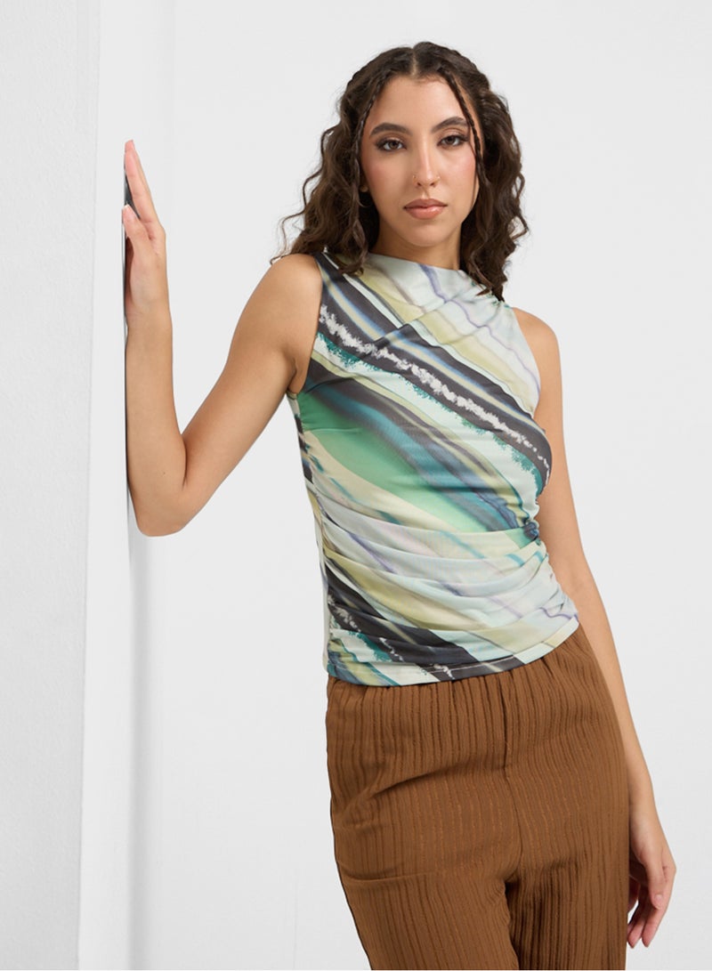 Mesh Blurred Digital Print Fitted Top