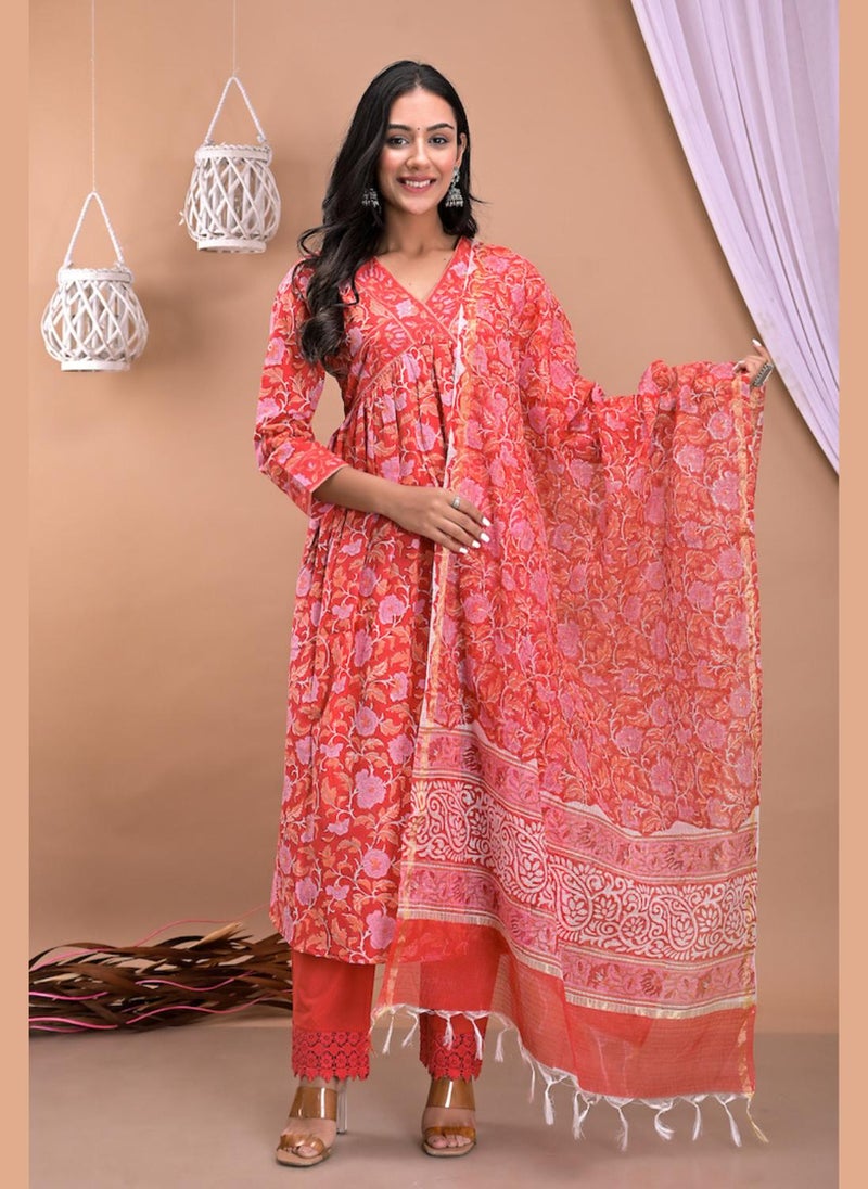 Hot Coral Kurta Dupatta Pants Set