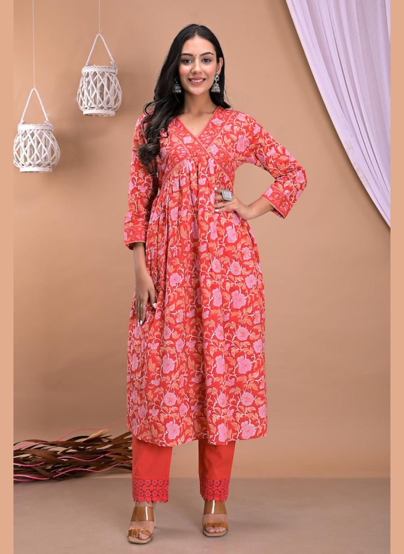 Hot Coral Kurta Dupatta Pants Set