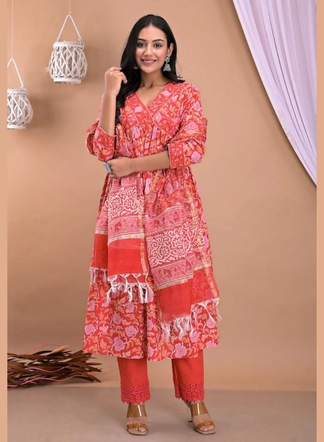 Hot Coral Kurta Dupatta Pants Set