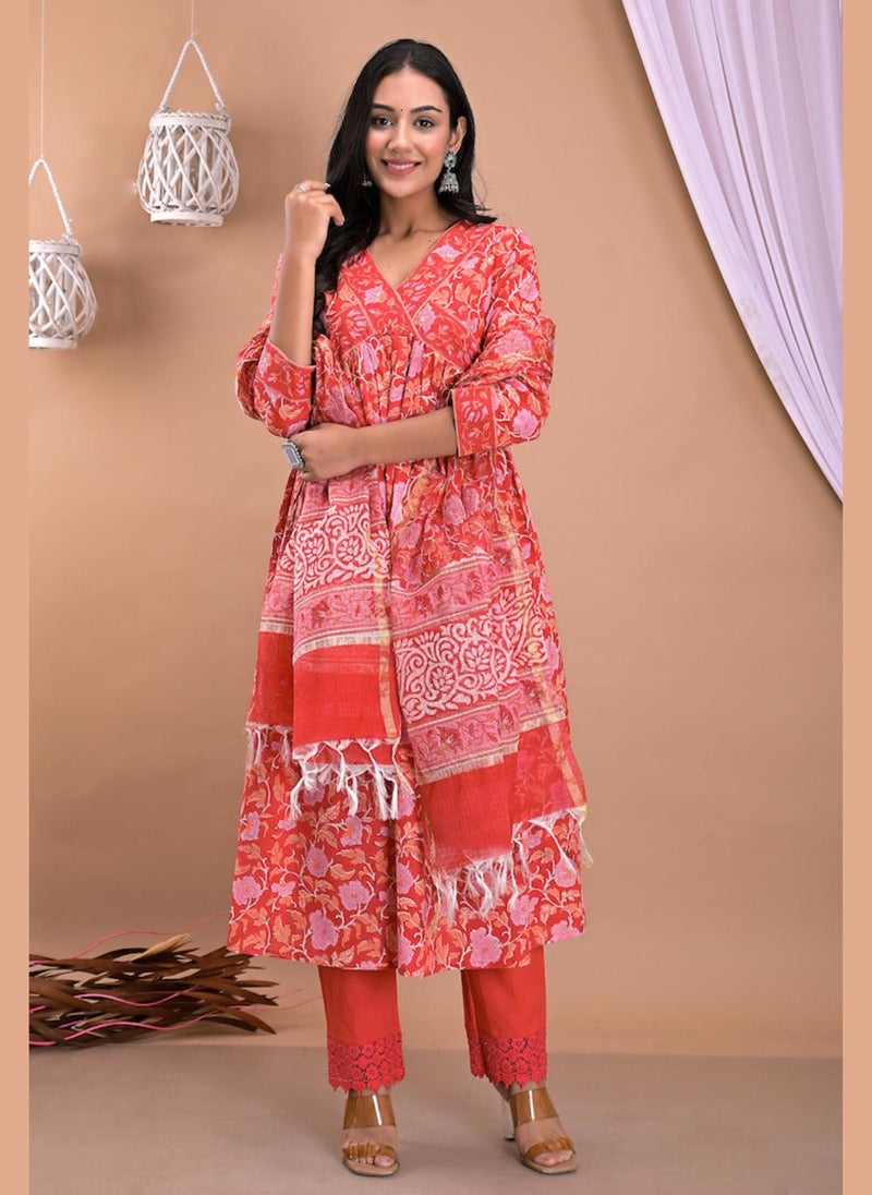 Hot Coral Kurta Dupatta Pants Set