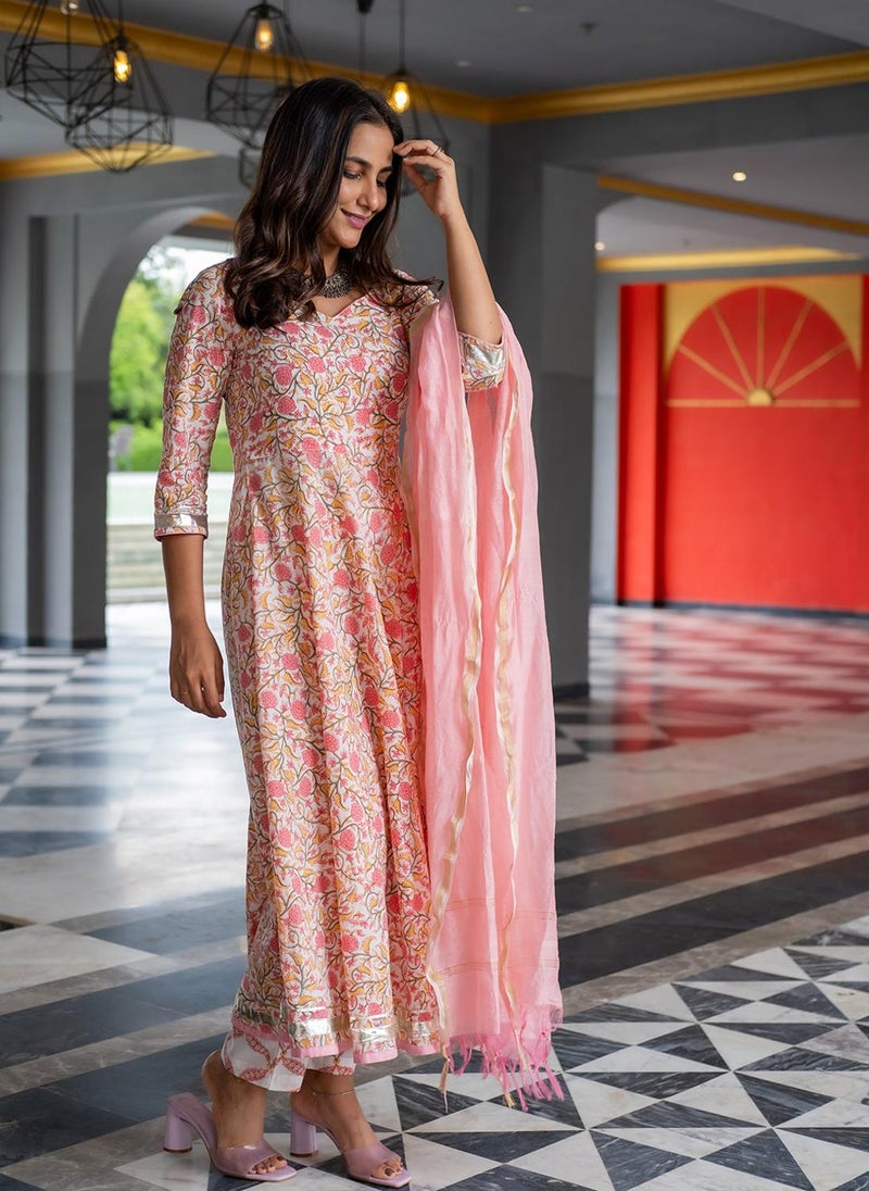 Pink Cotton Flared Kurta Set With Dupatta