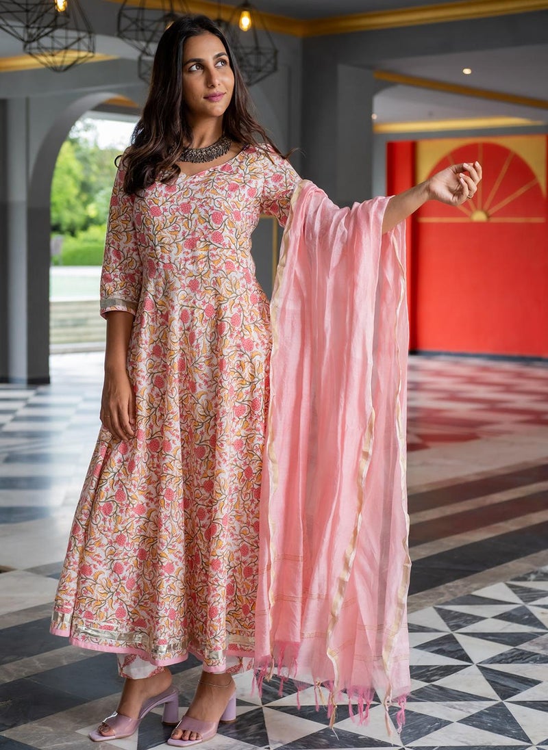 Pink Cotton Flared Kurta Set With Dupatta