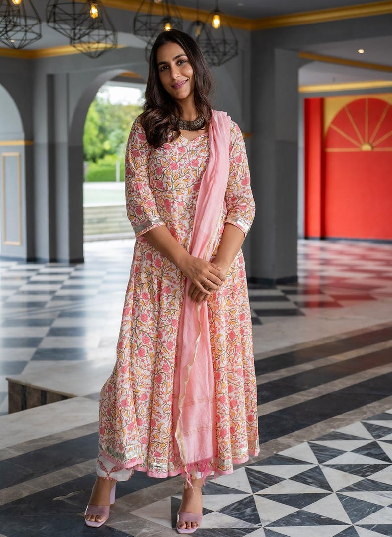 Pink Cotton Flared Kurta Set With Dupatta