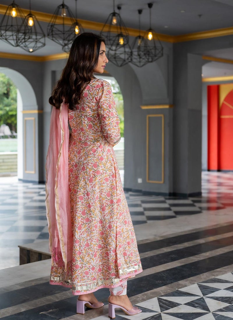 Pink Cotton Flared Kurta Set With Dupatta