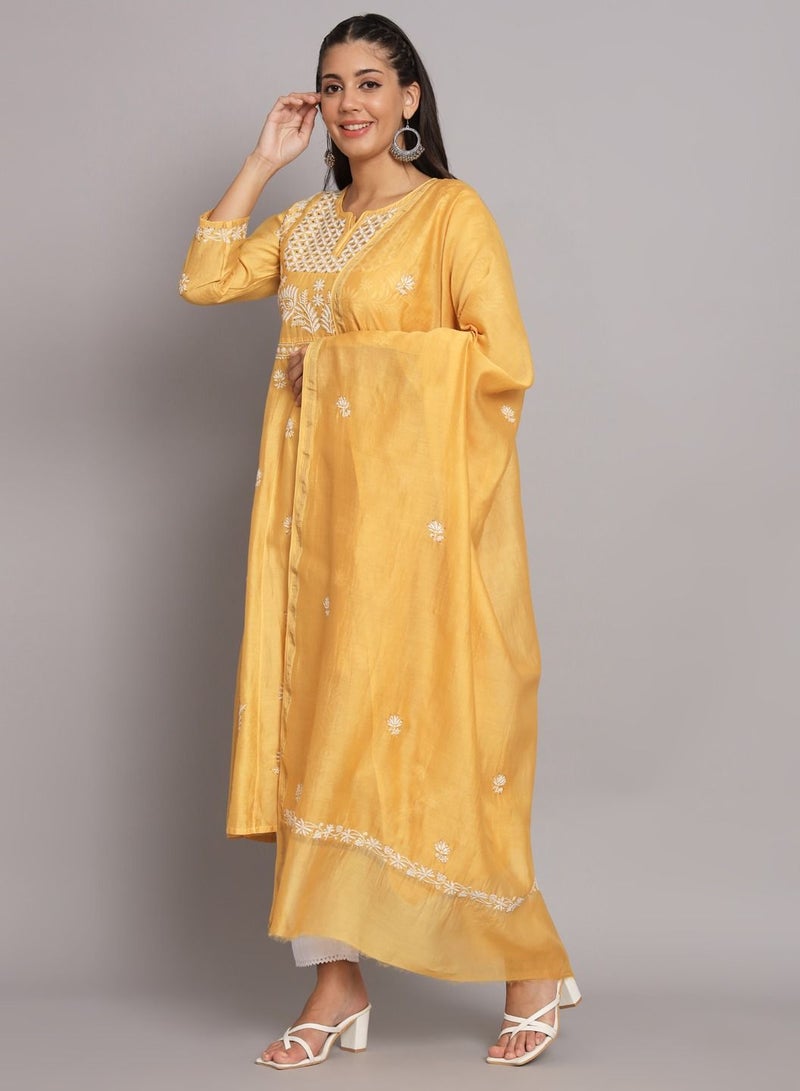 Hand embroidered Chikankari Chanderi Cotton Kurta Set and Dupatta with Mukaish-AL3665KS