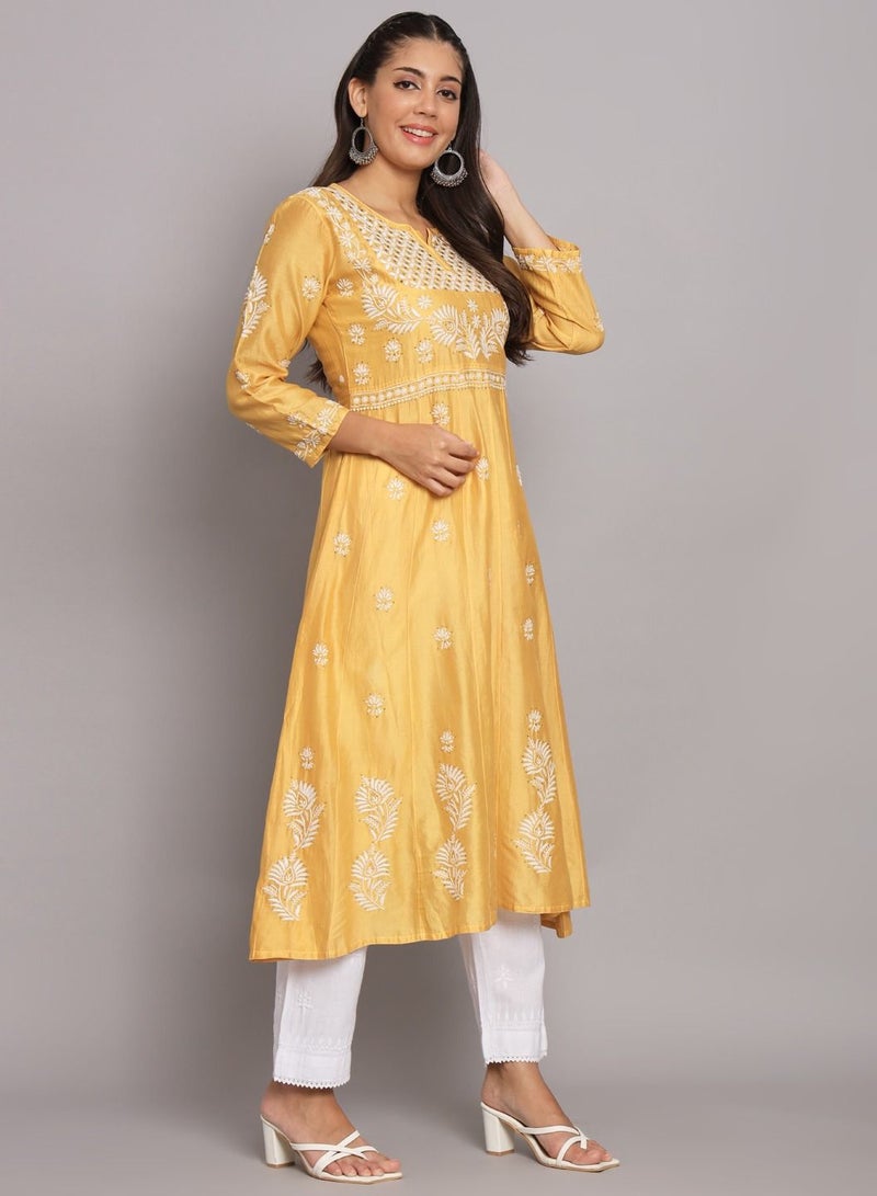 Hand embroidered Chikankari Chanderi Cotton Kurta Set and Dupatta with Mukaish-AL3665KS