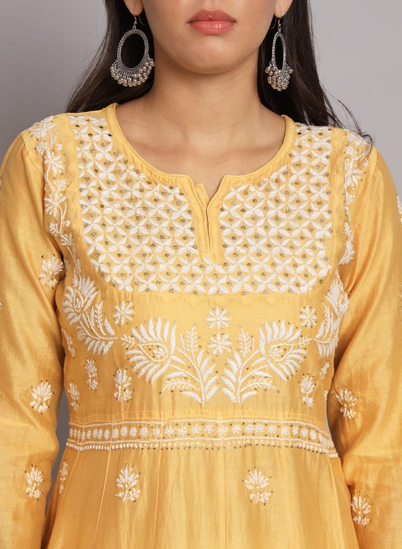 Hand embroidered Chikankari Chanderi Cotton Kurta Set and Dupatta with Mukaish-AL3665KS