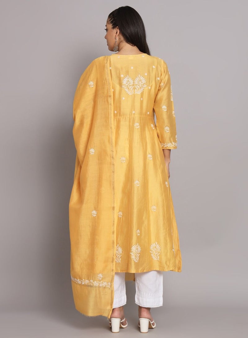 Hand embroidered Chikankari Chanderi Cotton Kurta Set and Dupatta with Mukaish-AL3665KS