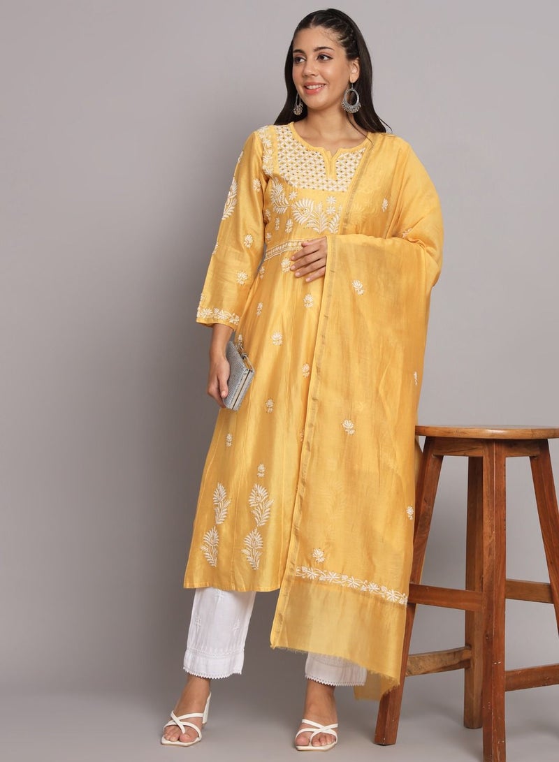 Hand embroidered Chikankari Chanderi Cotton Kurta Set and Dupatta with Mukaish-AL3665KS