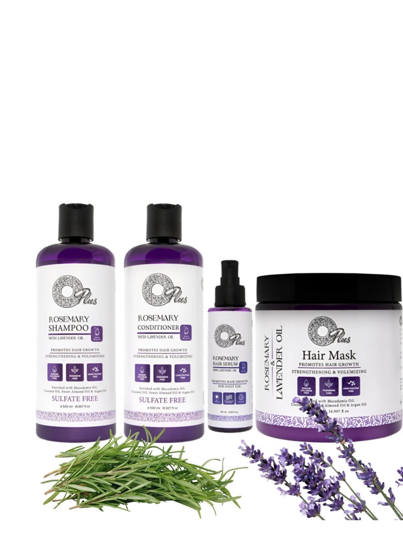 OPlus Lavender & Rosemary Hair Care Set – Conditioner, Shampoo, Serum & Mask – 4-Piece Set for Growth, Strength, and Volume