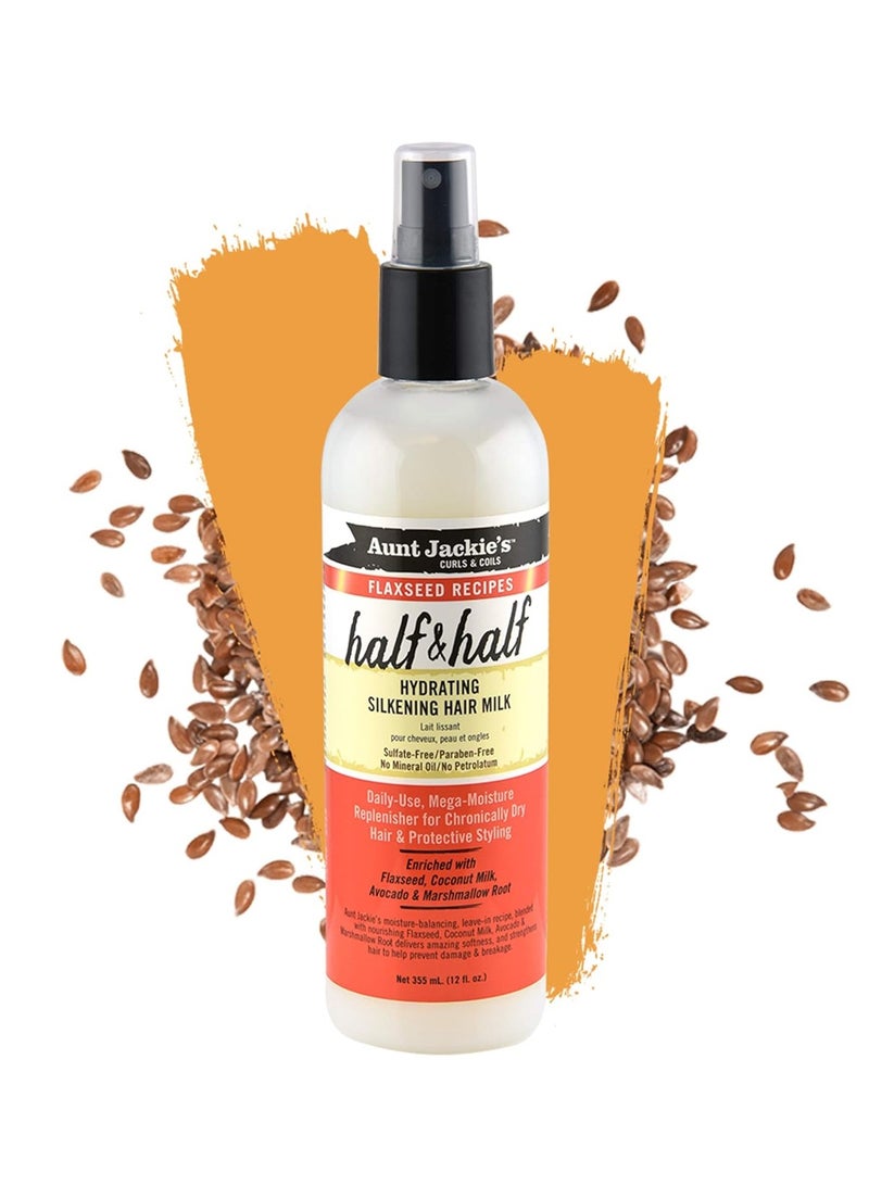 Aunt Jackie's Flaxseed Recipes Half & Half, Hydrating Silkening Hair Milk, For Daily Use, Enriched with Flaxseed, Coconet, Jojoba Oil, Shea Butter, Grapeseed and Ginseng, 12 Ounce Spray Bottle 355ml