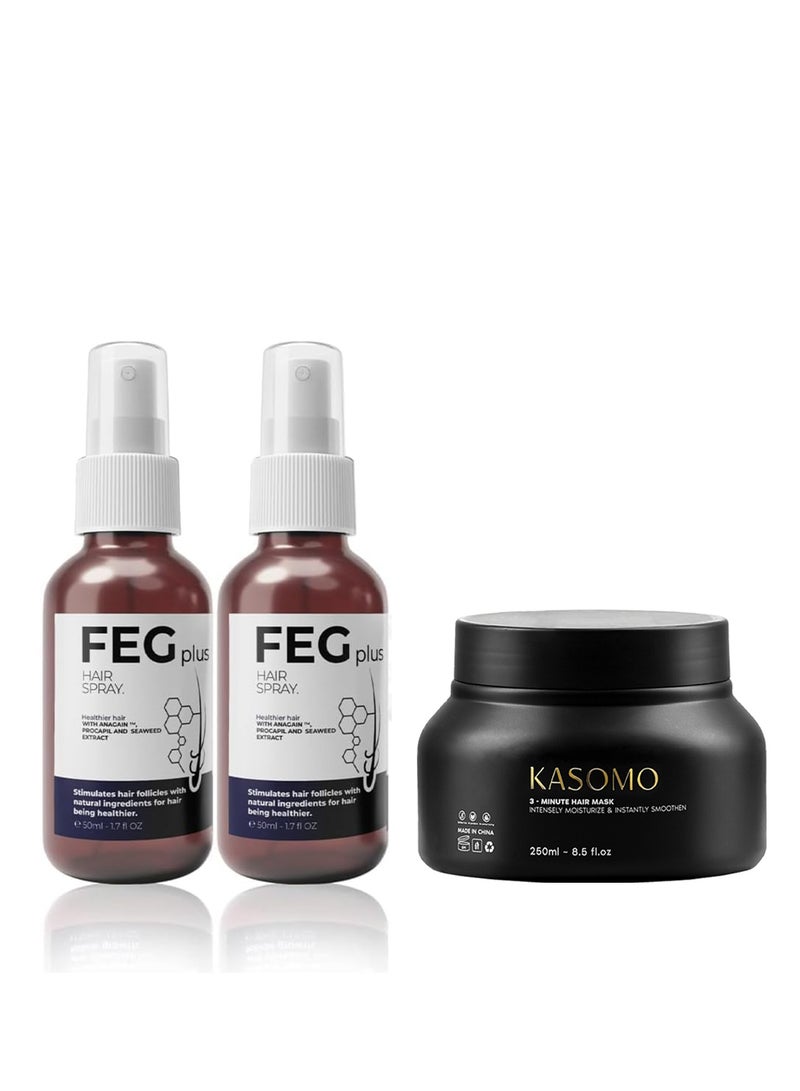 FEGPLUS 2Pcs Hair & Beard Growth Serum (50ml) + KASOMO Hair Repair Mask Deeply Moisturizing With Hydrolyzed Keratin (250ml), Control Hair Loss & Regrow Hair, Natural Ingredients Help Hair Stronger & Healthier