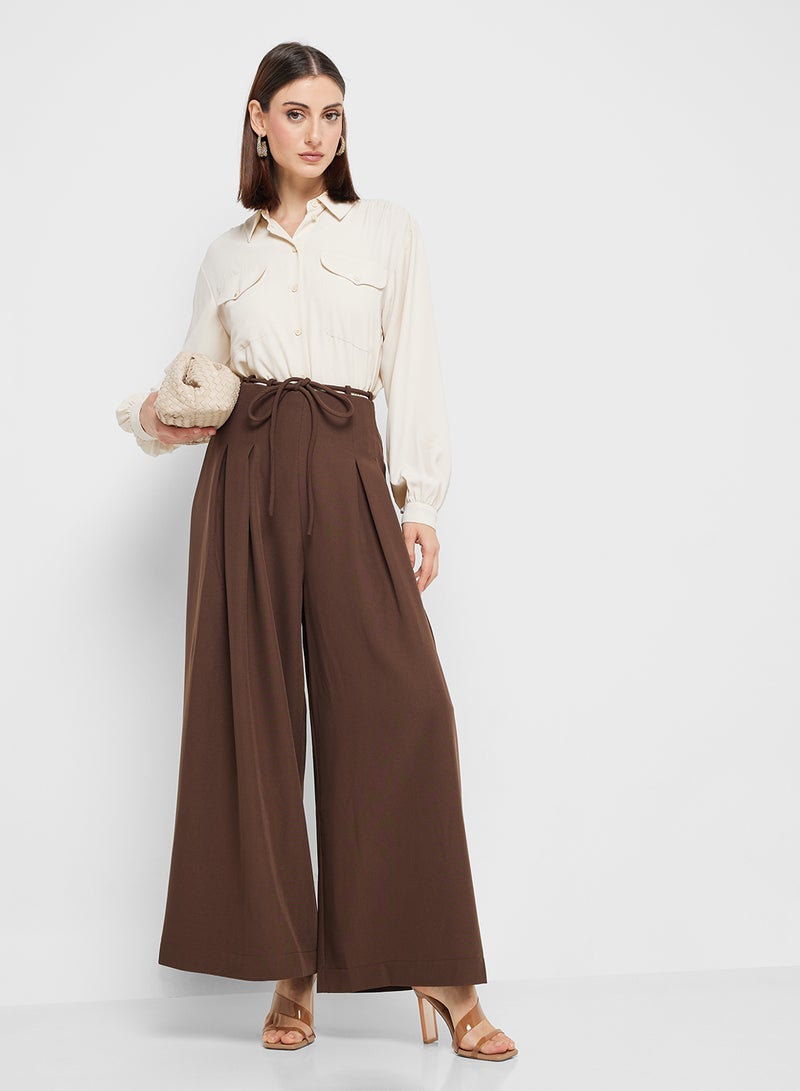 Wide Leg Pants With Waist Tie Detail