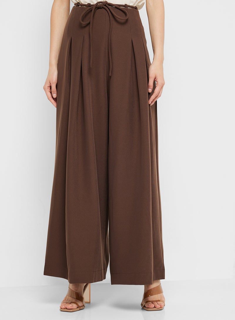 Wide Leg Pants With Waist Tie Detail