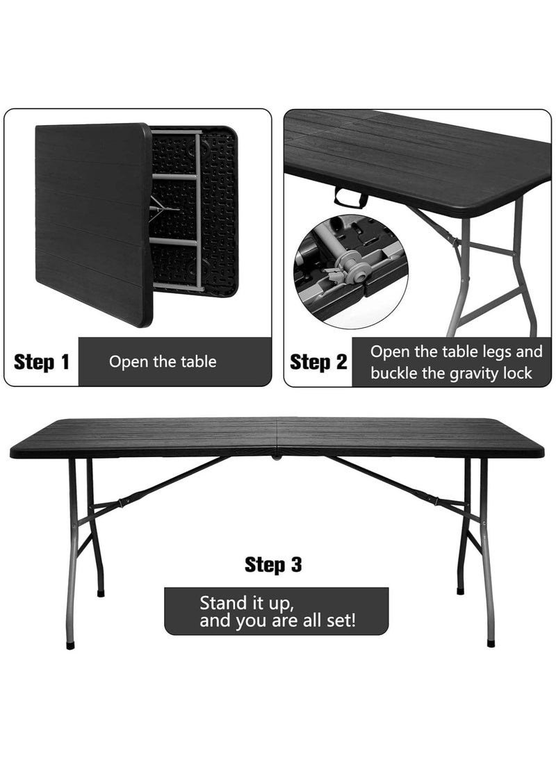 Heavy Duty Multipurpose Camping Table Portable Folding Table Picnic Dining table Centerfold Ideal for Crafts Outdoor Events Lightweight and Durable Table with Carry Handle (180x70x74cm) Black