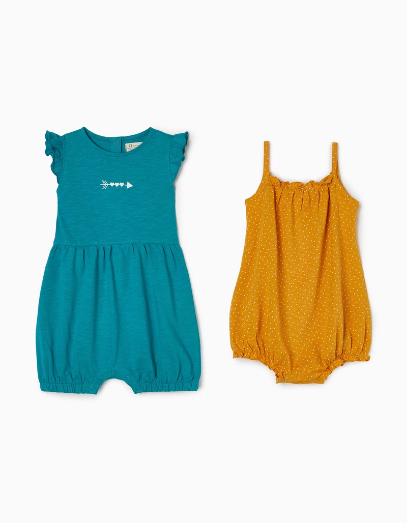 2 Rompers for Baby Girls, Yellow/Blue