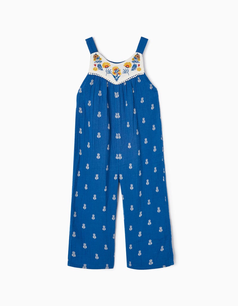 Floral Cotton Jumpsuit for Girls, Blue/White