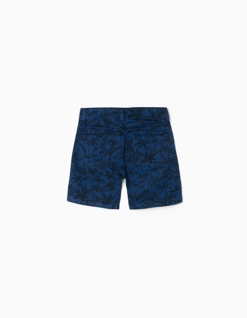 Denim Shorts with Tropical Motif, Blue