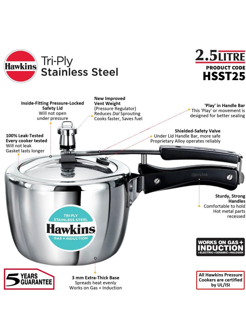 Hawkins 2.5 Litre Triply Stainless Steel Pressure Cooker, Inner Lid Cooker, Silver (HSST25)