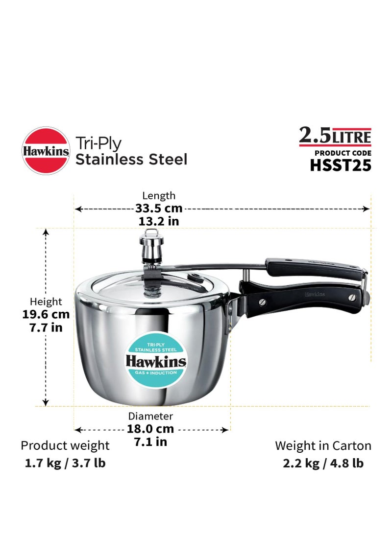 Hawkins 2.5 Litre Triply Stainless Steel Pressure Cooker, Inner Lid Cooker, Silver (HSST25)