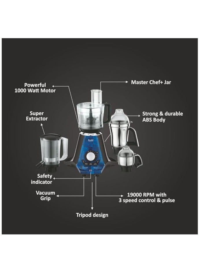 Preethi Plastic Zodiac 2.0 Mg-255 Mixer Grinder, 1000 Watt, Black/Blue, 4 Jars - Super Extractor Juicer Jar & Master Chef Food Processor Jar