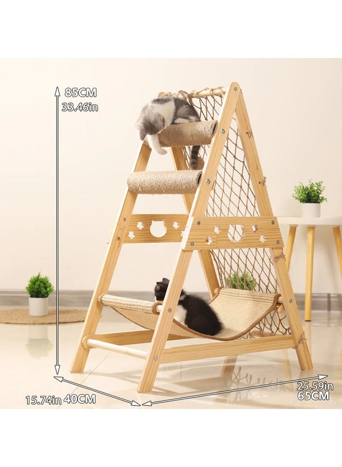 Wooden Cat Tree Toy and Hammock  , Durable Cat Climbing Tower - Triangle Hammock for Cats