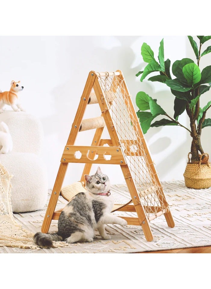 Wooden Cat Tree Toy and Hammock  , Durable Cat Climbing Tower - Triangle Hammock for Cats