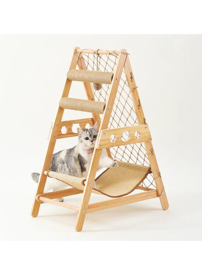 Wooden Cat Tree Toy and Hammock  , Durable Cat Climbing Tower - Triangle Hammock for Cats