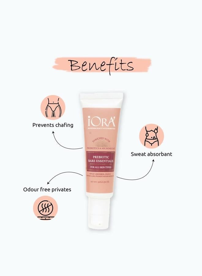 iORA Prebiotic Bare Essentials for Initimate Care for intimate areas | Pomegranate, Amla & Papaya Extracts & Essential Oils | Reducing Pigmentation, Sweat Absorbant ,Prevents Chafing | For Men & Women