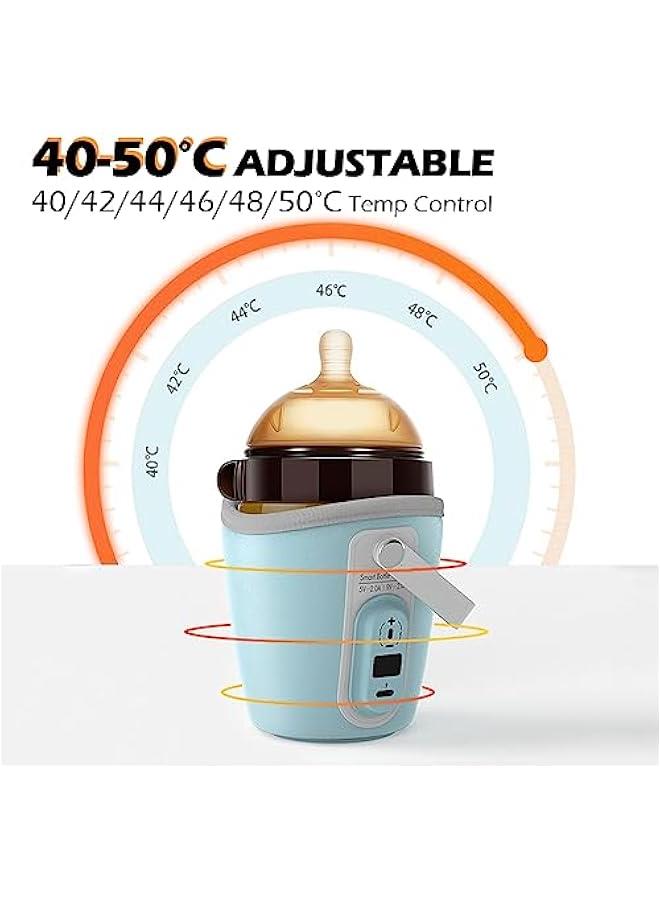 Portable Bottle Warmer for Travel - 40-50℃ Wide Bottle - Mini Baby Bottle Heater for Breastmilk Powder Milk Water, Fast Night Feeding Milk Warmer for Newborn, Blue, 6 Gears for 40/42/44/46/48/50℃