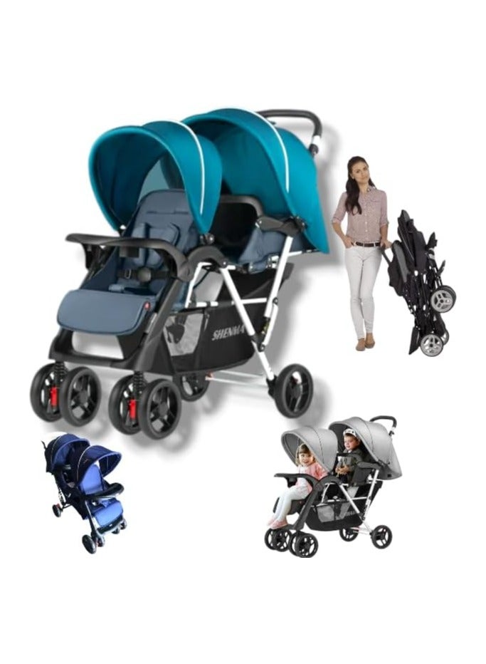 Twin baby Stroller with Canopy Adjustable Seats Navy blue