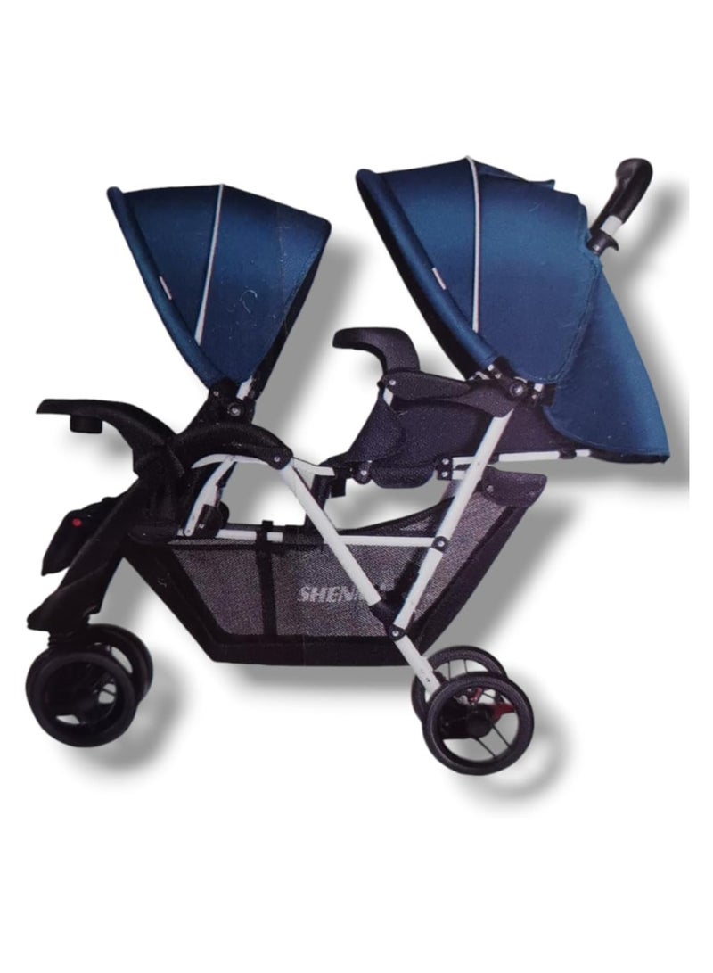 Twin baby Stroller with Canopy Adjustable Seats Navy blue