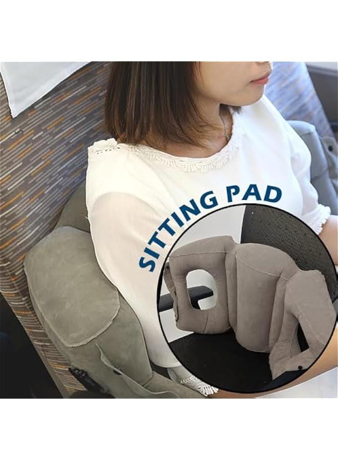 Inflatable Travel Pillow for Airplane - Grey - 16In Airplane Pillow for Neck and Shoulder Pain Release, Airplane Neck Pillow with Velvet Face Cover for Train, Bus and Office