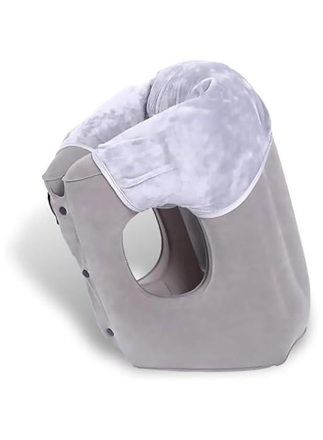 Inflatable Travel Pillow for Airplane - Grey - 16In Airplane Pillow for Neck and Shoulder Pain Release, Airplane Neck Pillow with Velvet Face Cover for Train, Bus and Office