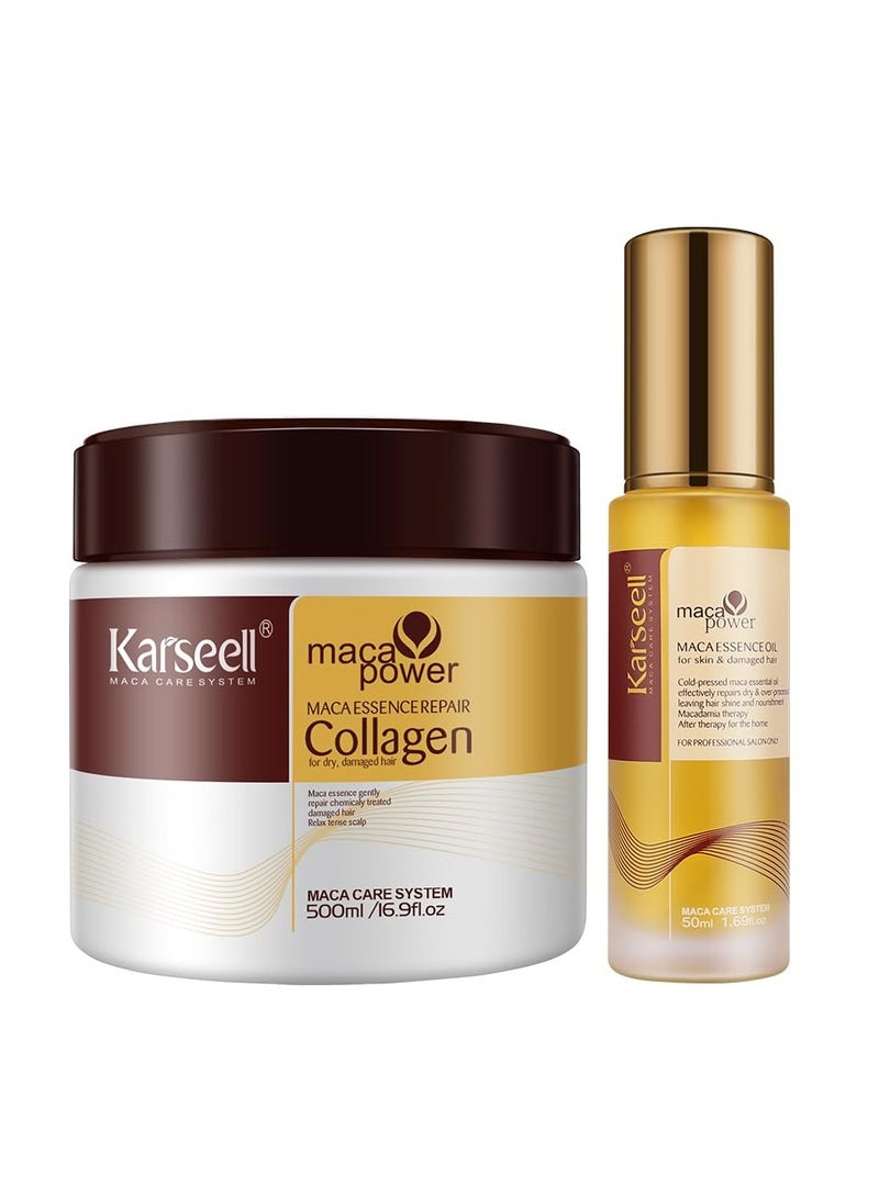 Karseell Collagen Hair Treatment - Deep Repair Mask 500ml - Argan Oil Hair Serum for Dry Damaged Hair 50ml - All Hair Types