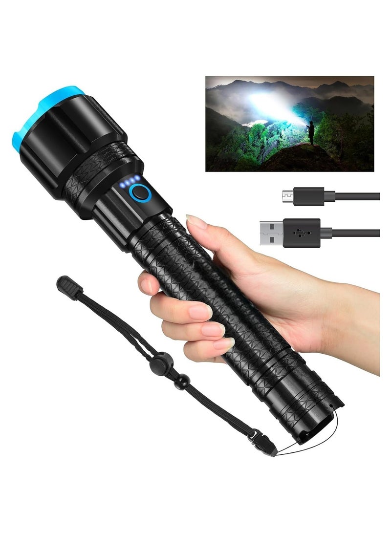 High Lumens Rechargeable LED Flashlight, Powerful 900000 Lumens Super Bright Torches, Zoomable Long Handheld Tactical Light for Camping Hiking Emergency Power Bank