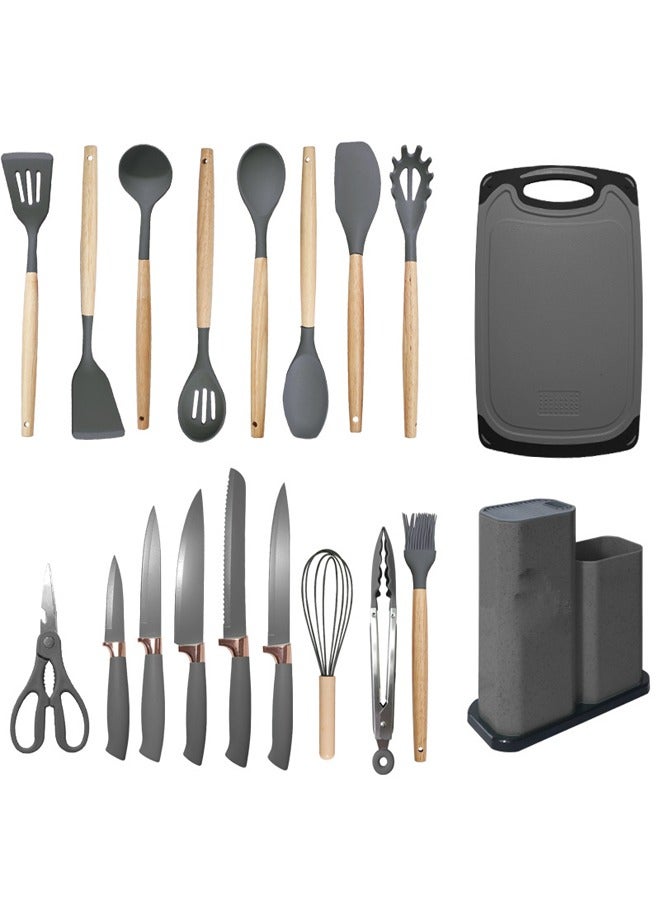 19 Pieces Cooking Utensils Set, Kitchen Knife Set, Includes Tongs, Spoon, Spatula and Turner, Heat Resistant, Food Grade, Silicone and Wooden Handles, Non Stick Kitchen Knife Sets and Cutlery