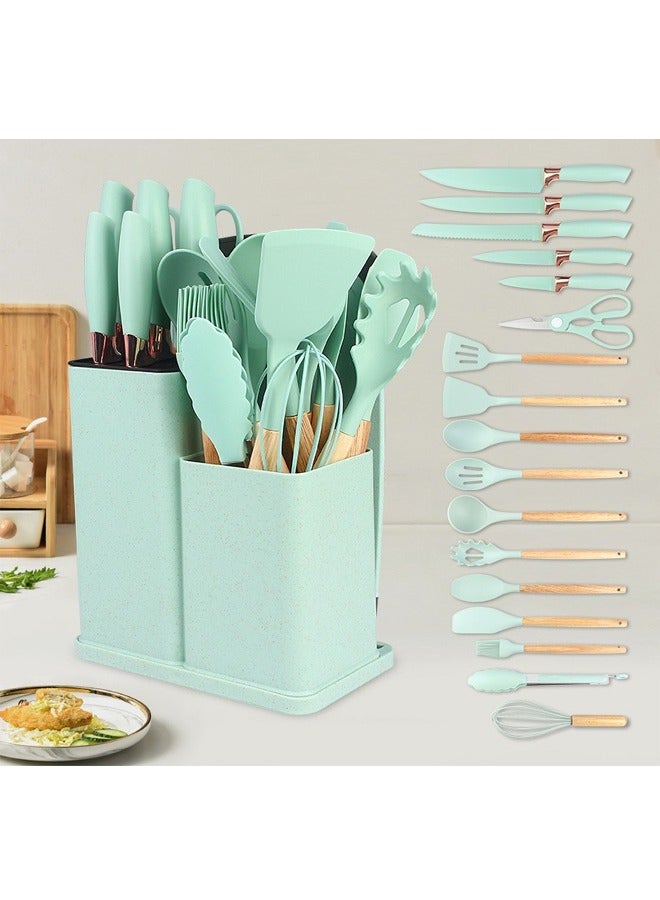 19 Pieces Cooking Utensils Set, Kitchen Knife Set, Includes Tongs, Spoon, Spatula and Turner, Heat Resistant, Food Grade, Silicone and Wooden Handles, Non Stick Kitchen Knife Sets and Cutlery