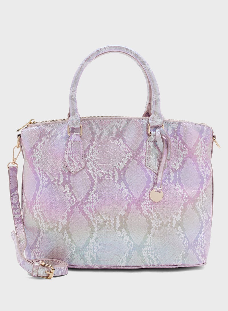 Metallic Snake Print Satchel Bag With Long Strap